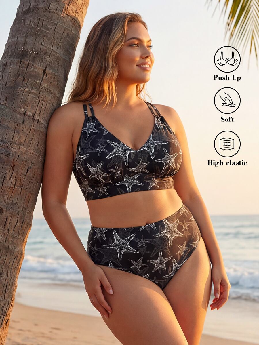 ELLERISSA Plus Size Black & White Starfish Print High Waist Cross Strap Back Bikini Set - Black and White - View 1