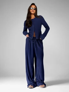 MISSGUIDED Soft Touch Button Up Cardigan And Wide Leg Palazzo Pants Coordinating Set With Drawstring Waist For Casual Comfort - Navy Blue - View 3