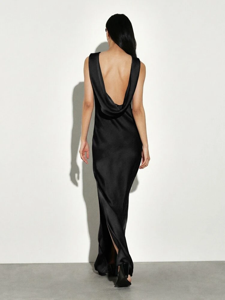 KSTM Sleeveless Draped Open Back Floor Length Formal Evening Maxi Dress With Side Slit