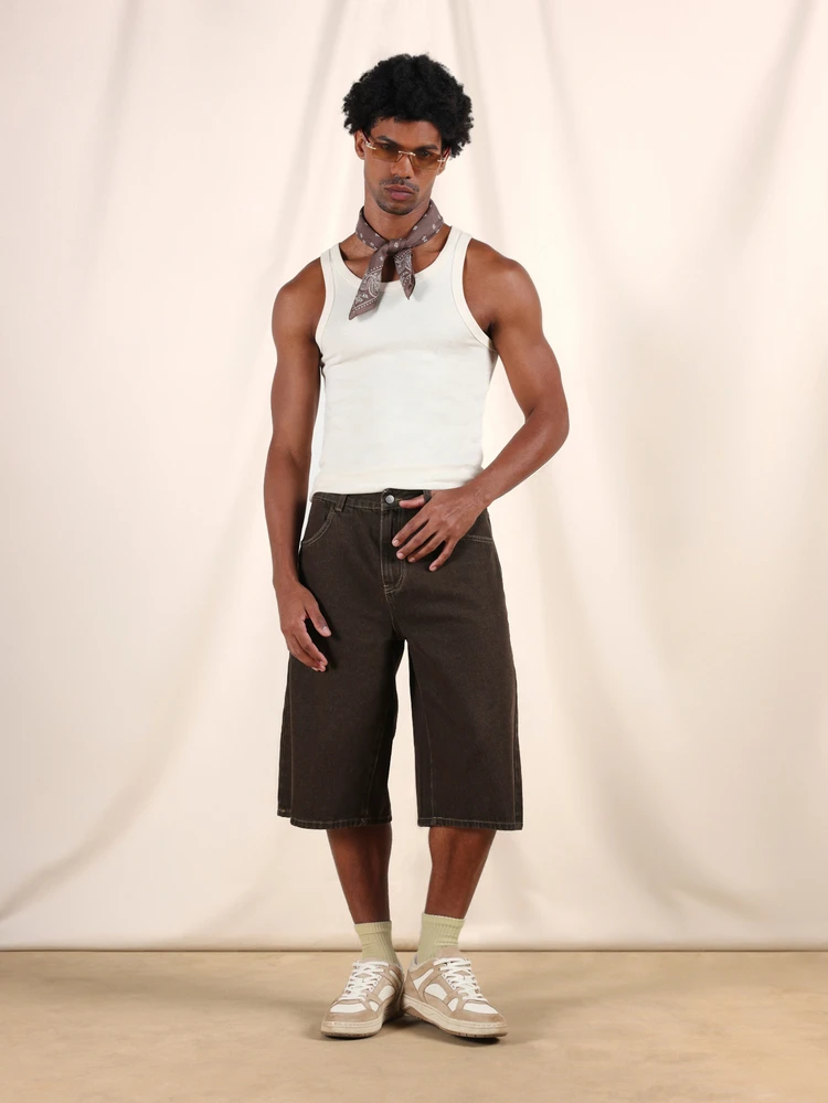 Wide Leg Baggy Denim Shorts With Contrast Stitching Casual Summer Knee Length Jorts Below Knee Relaxed Fit Street Style