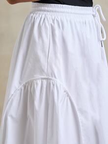 Rouah 女士纯色弹力腰抽绳泡泡裙，百搭夏季款 - 白色 - 查看 4