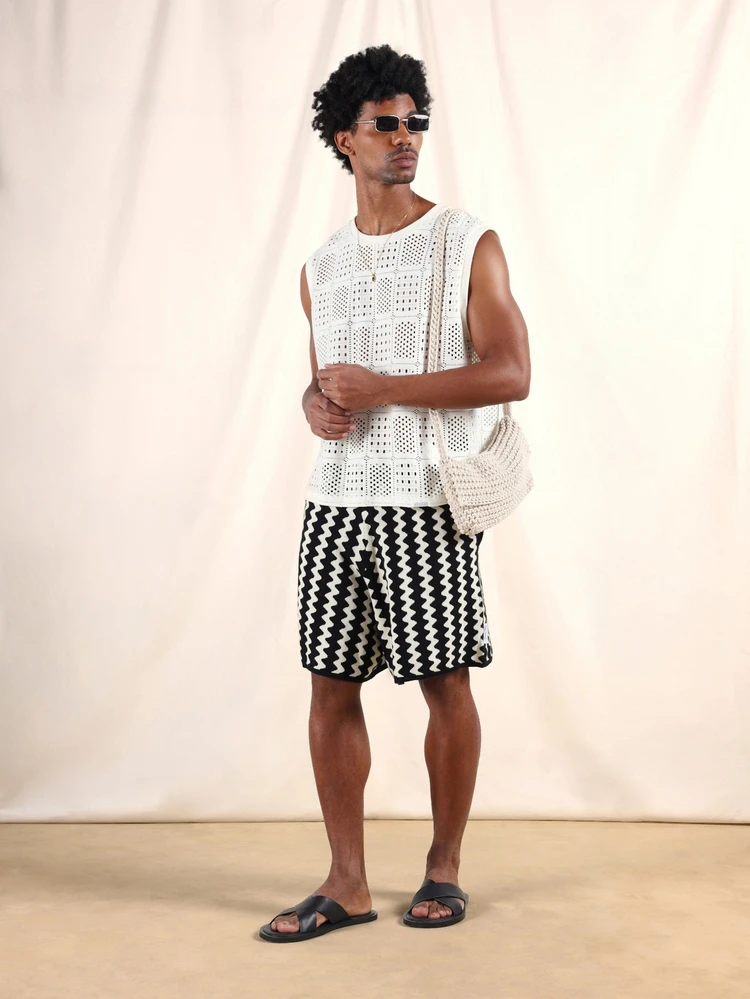 Shorts de Praia de Verão Casuais Elásticos com Cordão, Ajuste Relaxado, Textura de Crochê em Listras Ziguezague, Leves, Respiráveis e Confortáveis