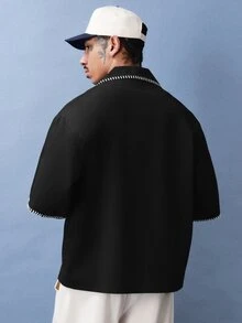 SUMWON 男士短袖衬衫，撞色滚边，细节缝线设计，休闲夏季款 - 黑色 - 查看 2
