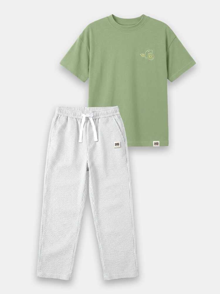 Tween Boys Lemon Print Tee Striped Pants Co-Ord Set Fresh Vibes Summer Casual Outfit Sorrento Italy Style Graffiti Design Two Piece