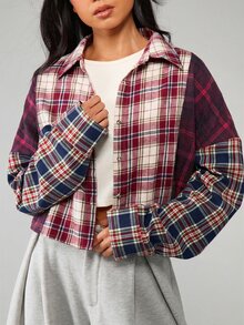 MISSGUIDED 超大款拼接格纹法兰绒长袖衬衫，翻领设计，秋冬休闲街头风。 - 彩色 - 查看 5