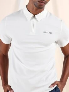 SUMWON 经典白色罗纹棉质 Polo 衫，半拉链设计，常规版型，休闲日常短袖翻领上衣 - 白色 - 查看 4