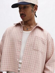 SUMWON Lightweight Checkered Overshirt Spring Summer Button Down Relaxed Fit Casual Short Sleeve Pink Gingham Men Top - Pink - View 5