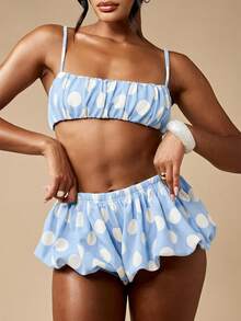 MISSGUIDED Blue Polka Dot Two Piece Bandeau Top With Ruffle Shorts Summer Festival Coord Set Beach Cute - Blue - View 6