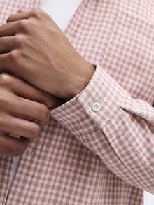 SUMWON Lightweight Checkered Overshirt Spring Summer Button Down Relaxed Fit Casual Short Sleeve Pink Gingham Men Top - Pink - View 7