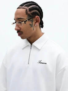 SUMWON 男士半拉链领 Polo 衫，带刺绣字母，短袖夏季休闲上衣 - 白色 - 查看 4