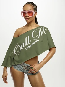 SUMWON WOMEN Off Shoulder Cropped Graphic Tee With Text Print Asymmetrical Neckline Short Sleeves Spring Summer Casual Top - Green - View 5