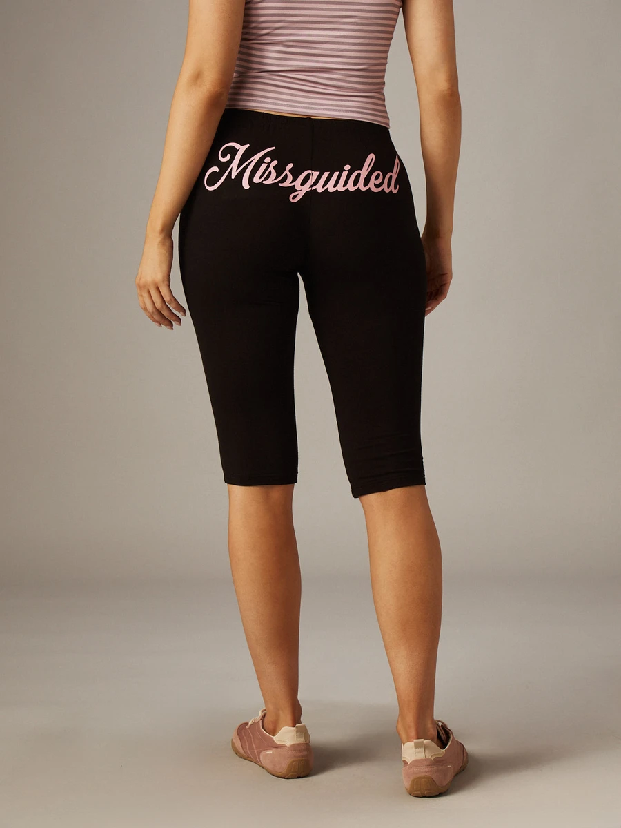 MISSGUIDED 黑色印花七分修身中腰休闲打底裤,日常舒适百搭 - 黑色 - 查看 1