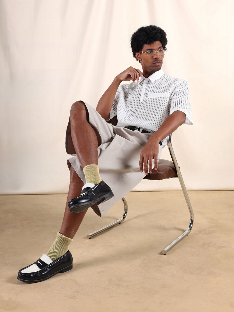 SUMWON Boxy Fit See Through Textured Polo Short Sleeve Summer Lightweight Casual Shirt With Button Collar - Apricot - View 1