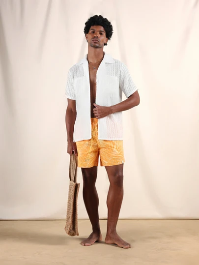 SUMWON 热带棕榈印花沙滩泳裤，弧形下摆，侧边口袋，适合夏季度假泳池休闲穿着