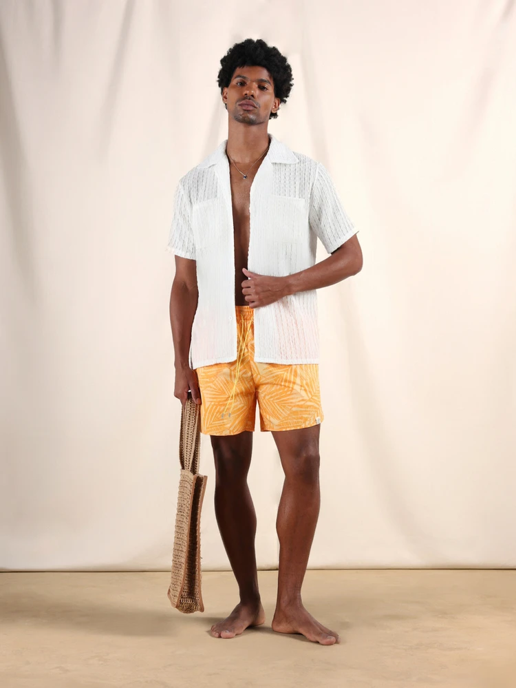 Tropical Palm Print Beach Swim Shorts With Curved Hem And Side Pockets For Summer Vacation Swimming Pool Lounging