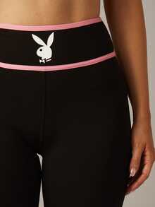 Missguided x Playboy 兔子标志高腰修身撞色包边九分全包臀运动训练紧身裤，黑色粉色滚边，弹力涤纶面料。 - 彩色 - 查看 4