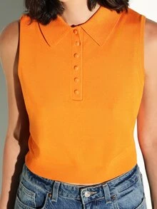 Sleeveless Collared Polo Knit Top With Button Front Placket Ribbed Hem - Orange - View 7