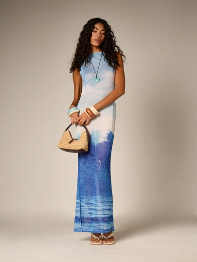 AiiRZ Watercolor Tie Dye Sleeveless Crew Neck Maxi Dress With Ocean Print Placement Design For Beach Vacation Summer