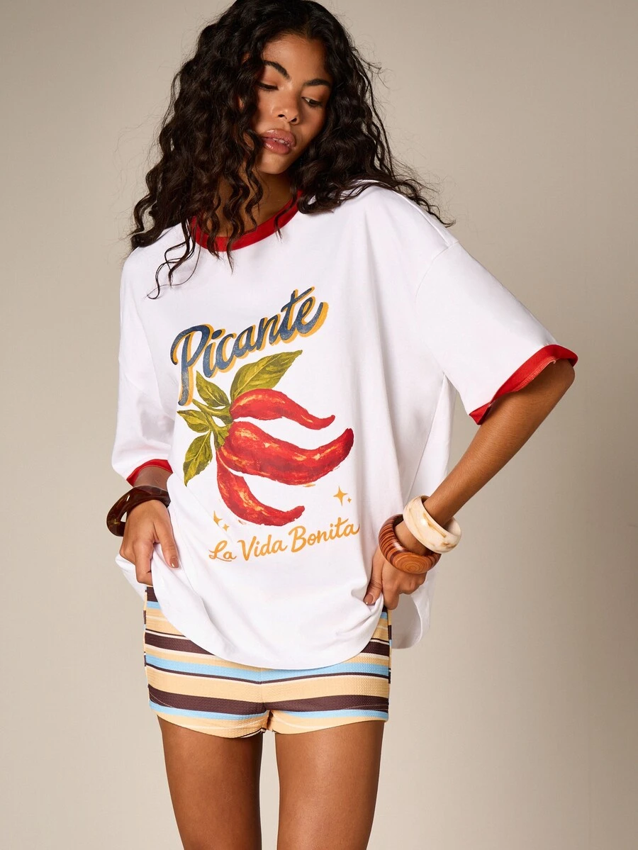 AiiRZ Picante Chili Print Oversized Basic T-Shirt With White Contrast Trim And Spanish Text Graphic Golf Summer - Multicolor - View 1