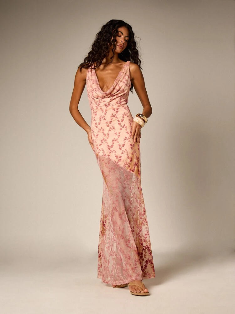 AiiRZ Cowl Neck Floral Print Maxi Dress With Sheer Detail