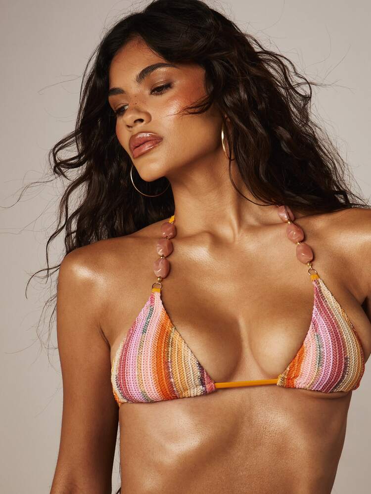 MISSGUIDED Striped Crochet Triangle Bikini Set With Beaded Straps
