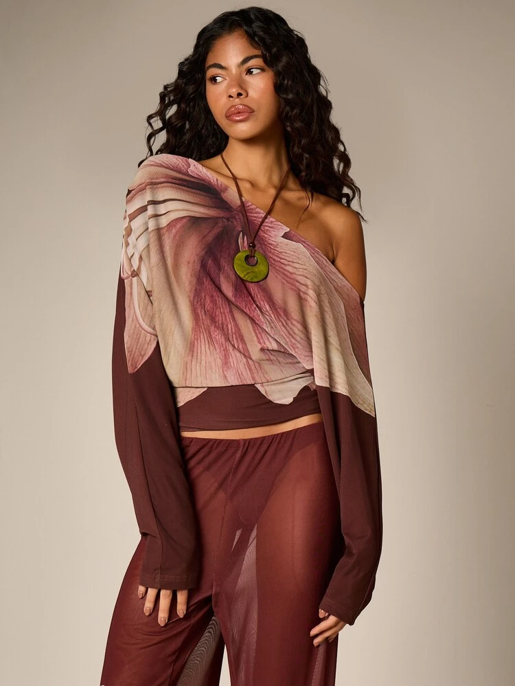 Floral Off Shoulder Top With Long Sleeves