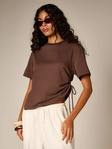 AiiRZ Short Sleeve Ruched Side Drawstring Asymmetric T-Shirt Brown Tie Detail Casual Top - Coffee Brown - View 5