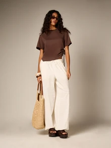 AiiRZ Short Sleeve Ruched Side Drawstring Asymmetric T-Shirt Brown Tie Detail Casual Top - Coffee Brown - View 3