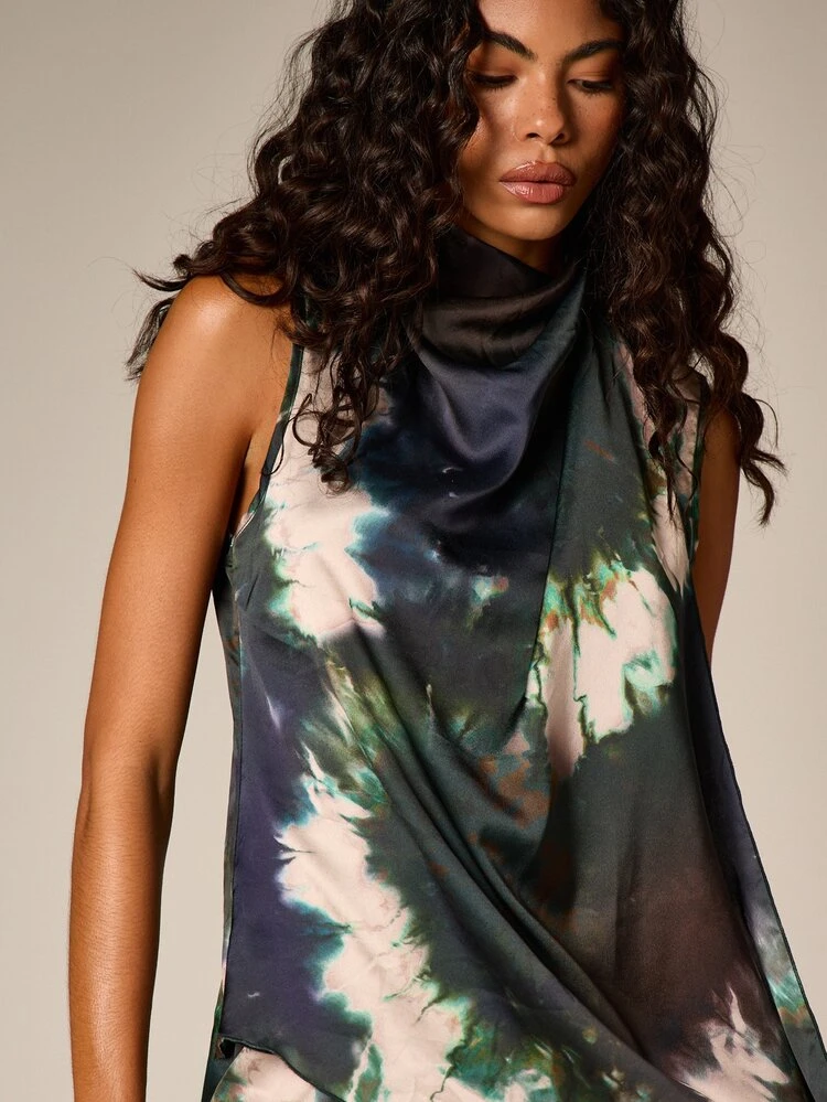 Tie Dye Asymmetric Halter Top With Draped Detail