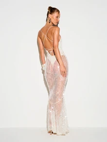 KIZN Sequin Fishtail Maxi Dress With Deep V Neckline And Strappy Back Detail For Evening Party Occasions - White - View 3