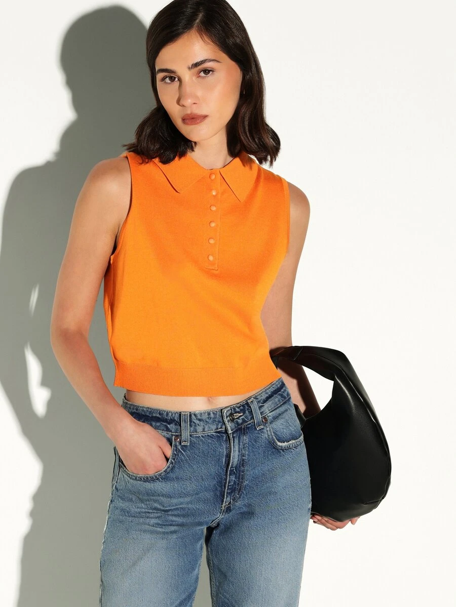 Sleeveless Collared Polo Knit Top With Button Front Placket Ribbed Hem - Orange - View 1