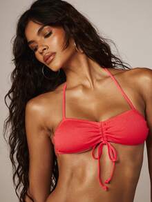 MISSGUIDED Neon Coral Ruched Tie Front Halter Bikini Set With String Bottoms Summer Beach Swimwear Two Piece - Watermelon Pink - View 2