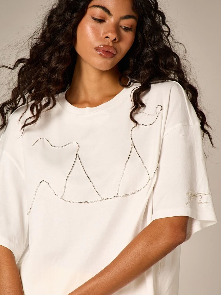 Oversized Bikini Outline Embellished Tee