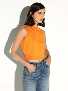 Sleeveless Collared Polo Knit Top With Button Front Placket Ribbed Hem - Orange - View 5