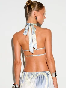 KIZN Swirl Print High Neck Halter Top With Tie Back Detail Sleeveless Crop Blouse Summer Fashion - Multicolor - View 2