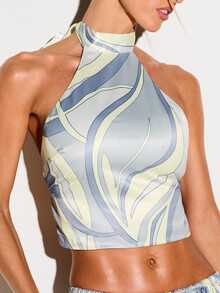 KIZN Swirl Print High Neck Halter Top With Tie Back Detail Sleeveless Crop Blouse Summer Fashion - Multicolor - View 5
