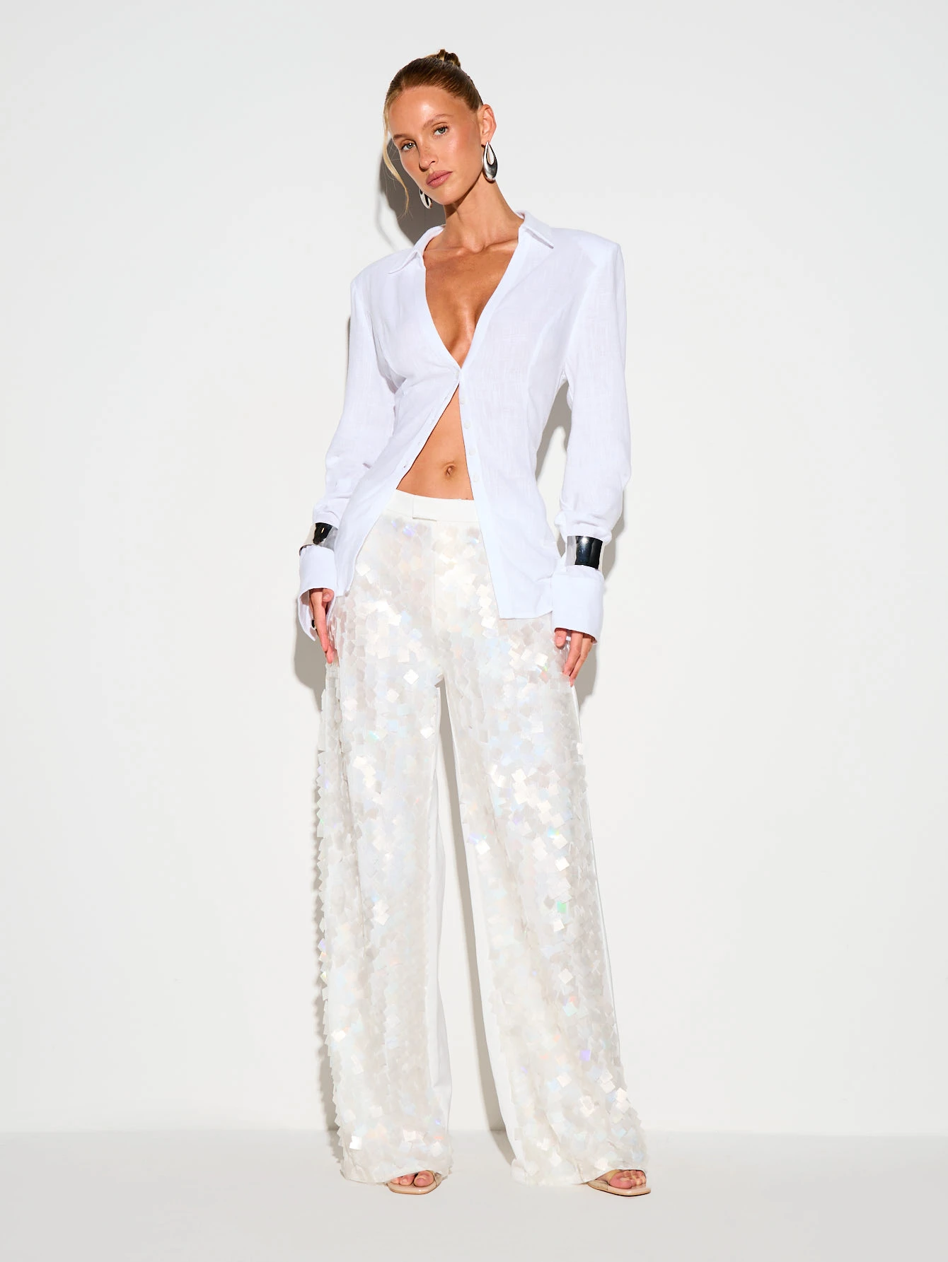 KIZN Square Sequin Satin Wide Leg Palazzo Trousers