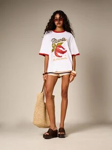 AiiRZ Picante Chili Print Oversized Basic T-Shirt With White Contrast Trim And Spanish Text Graphic Golf Summer - Multicolor - View 3