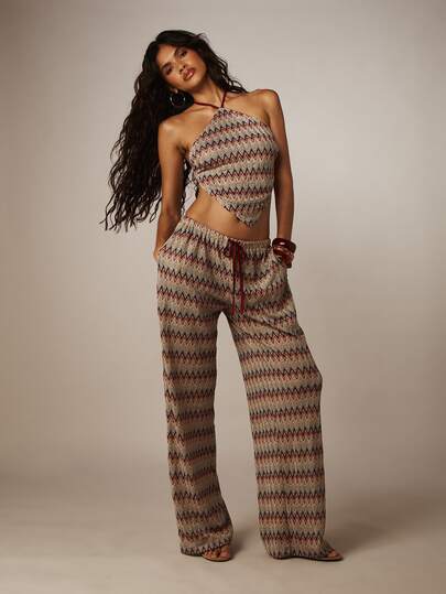 MISSGUIDED Quần ống rộng dáng palazzo họa tiết zigzag, cạp cao, có dây rút, kiểu dáng suông, phong cách bohemian thường ngày.