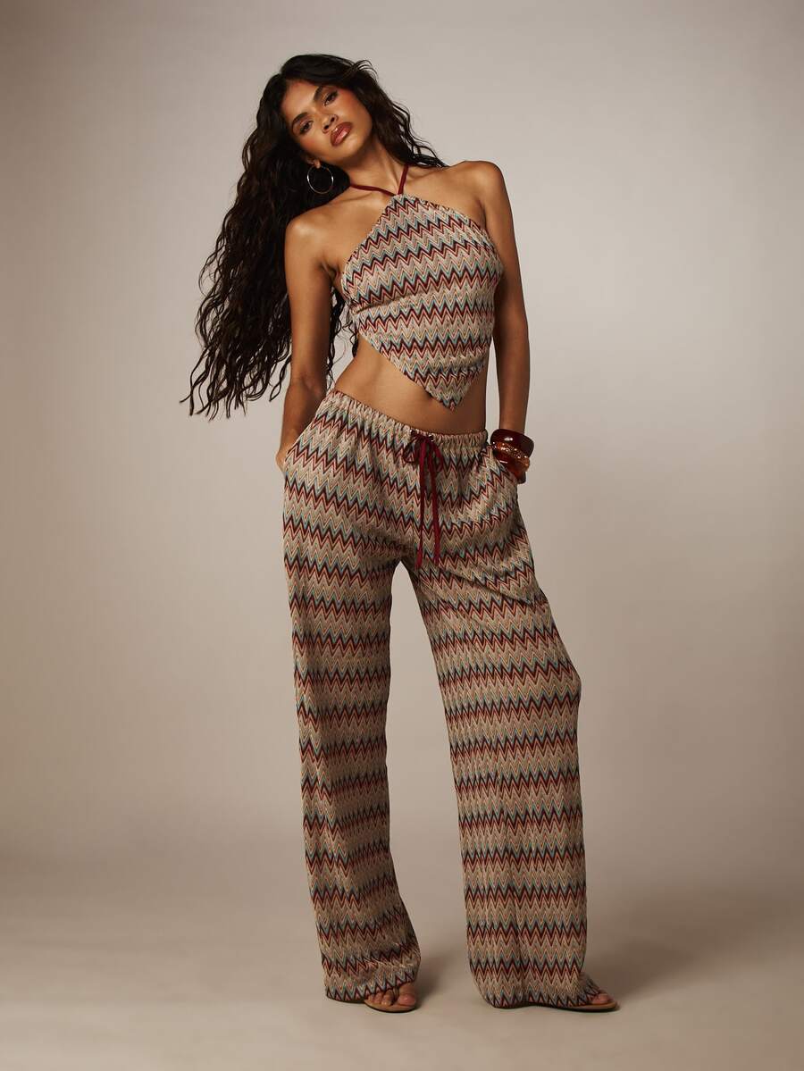 MISSGUIDED 锯齿形阔腿裤，抽绳腰带，高腰飘逸长裤，休闲波西米亚风 - 彩色 - 查看 1