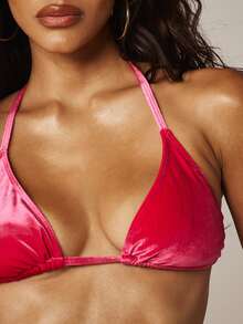 MISSGUIDED Bộ bikini tam giác bằng vải nhung mềm mại với cổ yếm và dây buộc bên hông, hoàn hảo cho kỳ nghỉ hè ở bãi biển và tiệc bể bơi. - Hồng - Xem 5