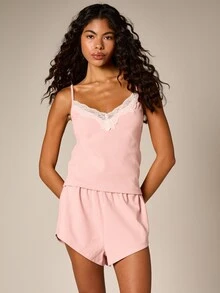 AiiRZ Ribbed Knit Pajama Set With Delicate Lace Trim Camisole Tank Top And Matching Shorts Sleepwear Loungewear - Pink - View 1