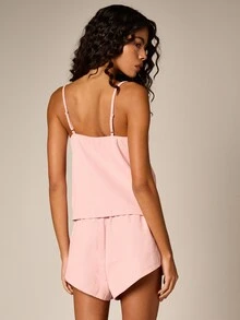 AiiRZ Ribbed Knit Pajama Set With Delicate Lace Trim Camisole Tank Top And Matching Shorts Sleepwear Loungewear - Pink - View 4