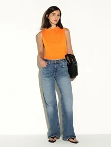 Sleeveless Collared Polo Knit Top With Button Front Placket Ribbed Hem - Orange - View 3