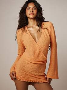 MISSGUIDED 橙色针织长袖裹身迷你连衣裙，流苏下摆设计，适合秋冬季晚宴派对穿着 - 橘色 - 查看 1