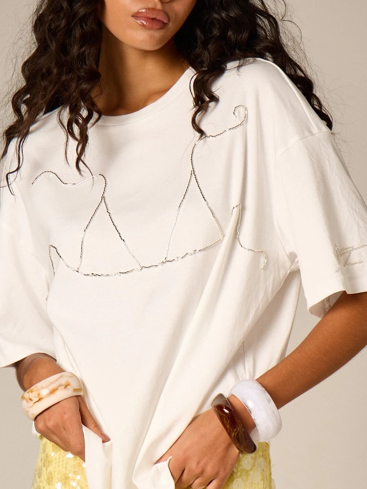 Oversized Bikini Outline Embellished Tee