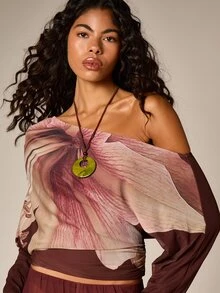 AiiRZ Floral Off Shoulder Long Sleeve Top With Botanical Print And Flowing Silhouette For Fall Fashion - Multicolor - View 2