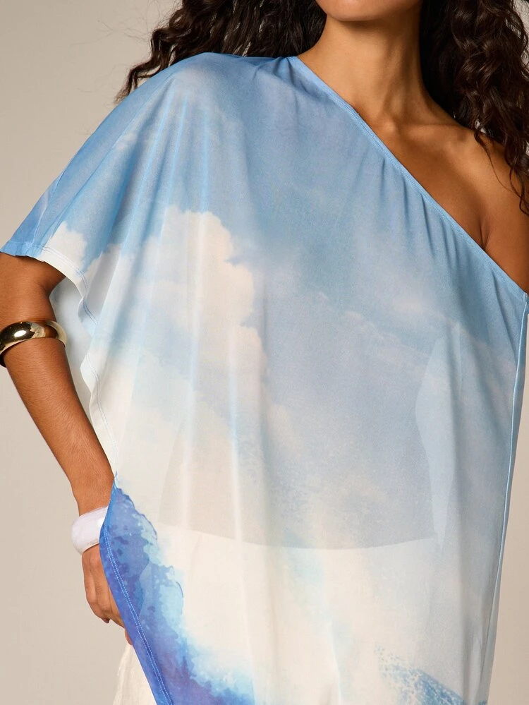 Watercolor One Shoulder Cape Top