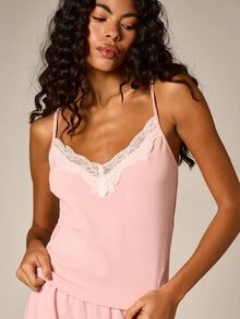 AiiRZ Ribbed Knit Pajama Set With Delicate Lace Trim Camisole Tank Top And Matching Shorts Sleepwear Loungewear - Pink - View 2