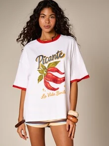 AiiRZ Picante Chili Print Oversized Basic T-Shirt With White Contrast Trim And Spanish Text Graphic Golf Summer - Multicolor - View 5